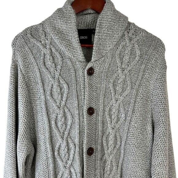 Asos Gray Fisherman Knit Button Front Cardigan Sweater Mens Medium Cozy Casual - Picture 3 of 10